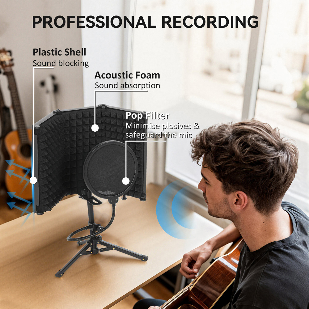 HOMCOM Black Studio Microphone Isolation Shield with Pop Filter and Stand Image 4