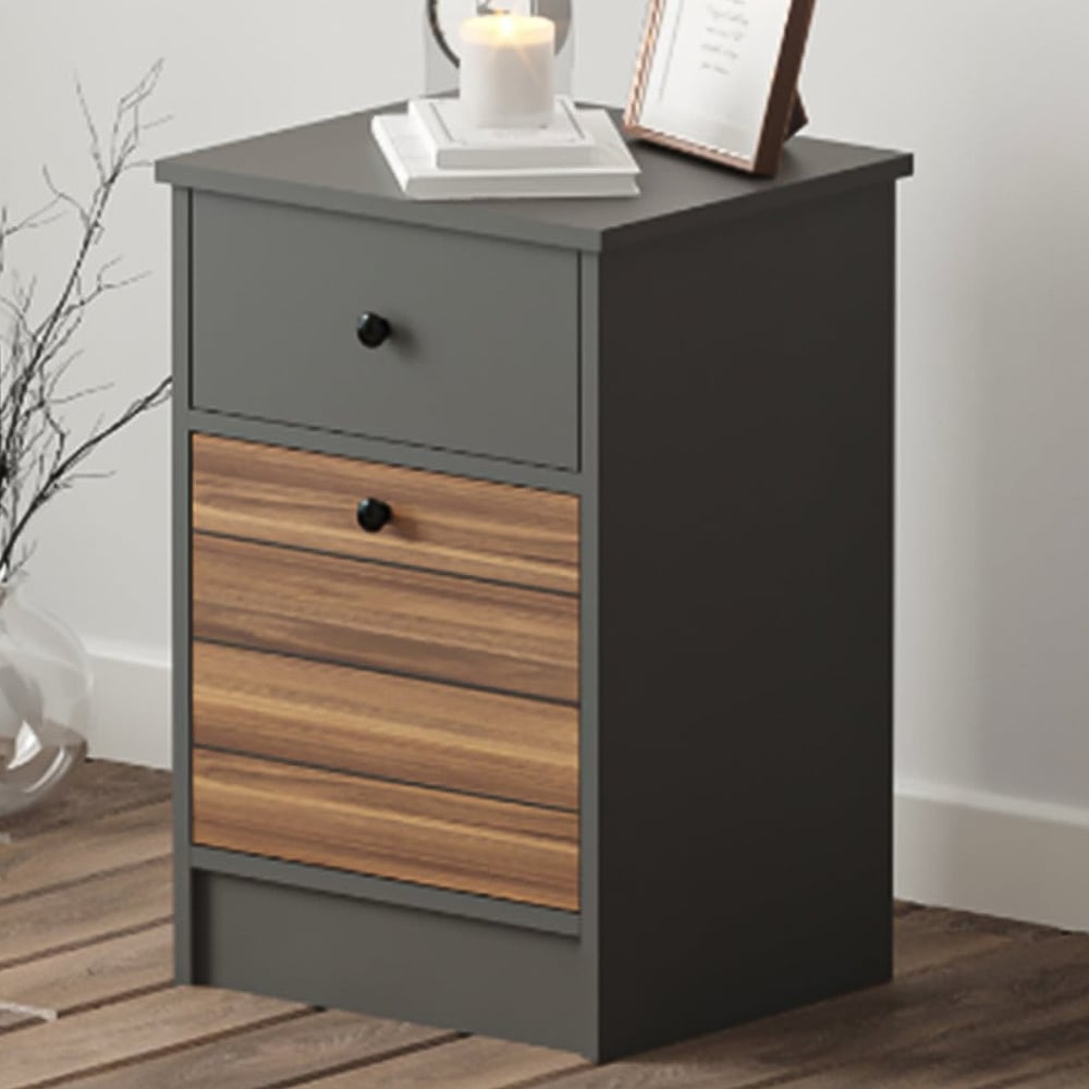 Evu MILANO Single Door Single Drawer Walnut and Anthracite Bedside Table Image 1