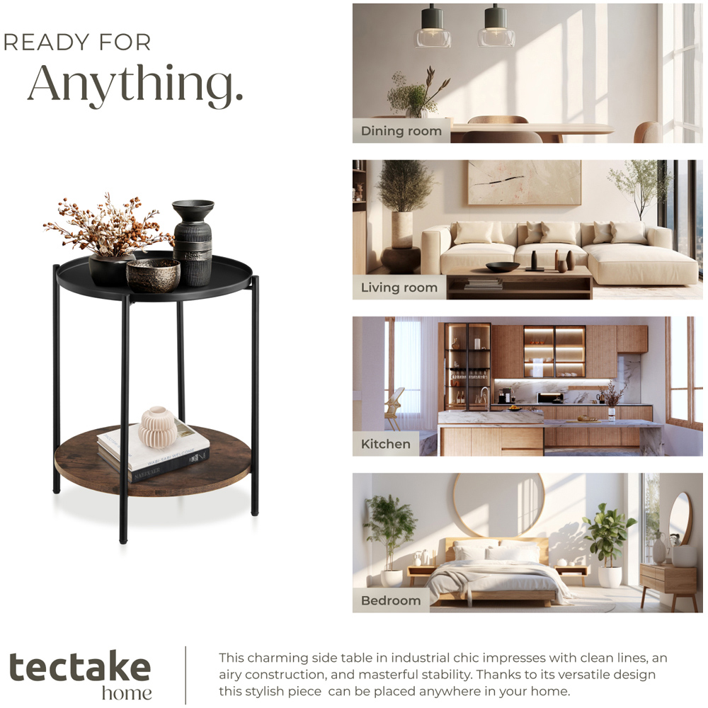 Tectake Sunderland Single Shelf Rustic Dark Wood Round Bedside Table Image 7