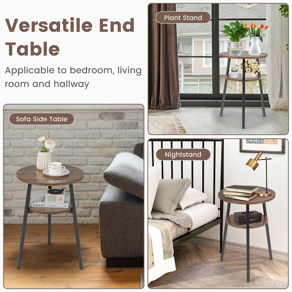 Costway 2 Shelf Brown Round Wooden Side Table Image 6