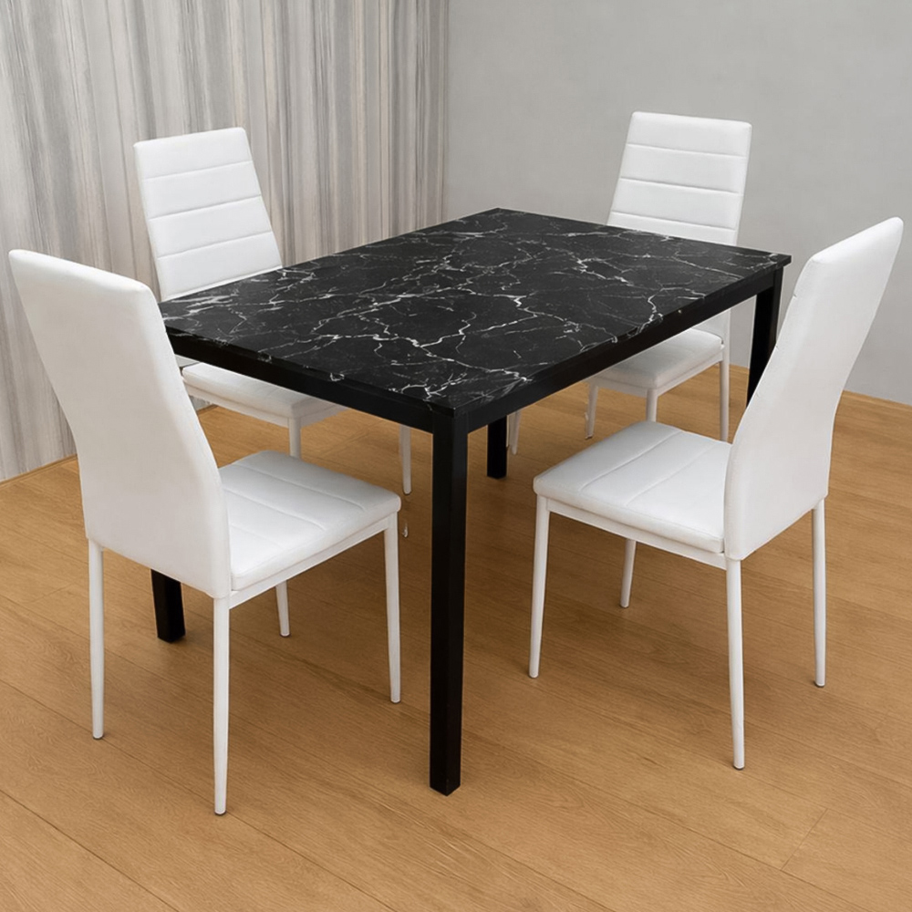Portland 4 Seater Faux Leather Marble Effect Tabletop Dining Set Black and White Image 1