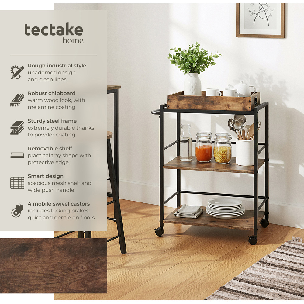 Tectake Worcester 3 Shelf Rustic Dark Wood Drinks Trolley Image 2