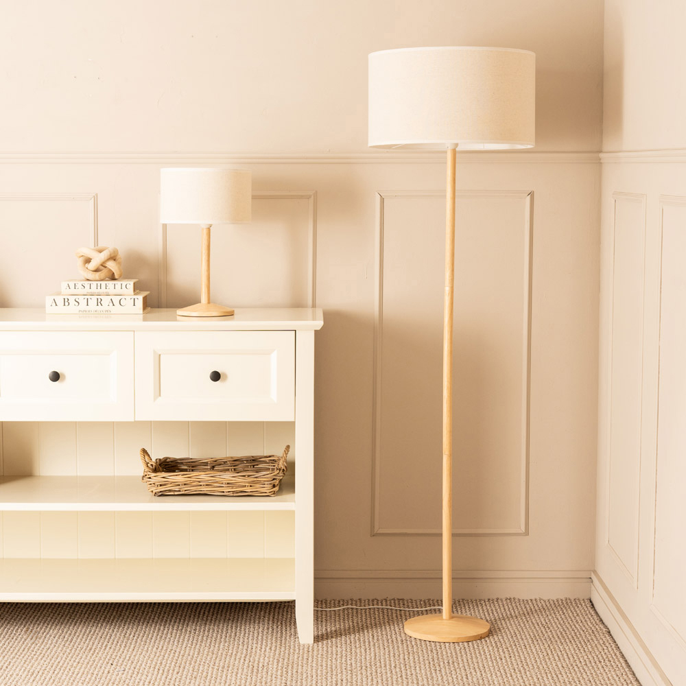 ValueLights Triston White Edge Drum Shade Light Wood LED Floor Lamp Image 4