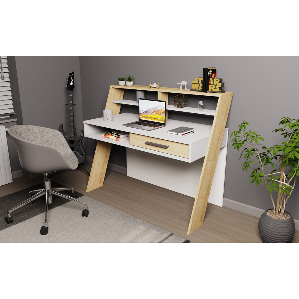 Decorotika Soho Single Drawer 5 Shelf Computer Desk White and Oak Image 2