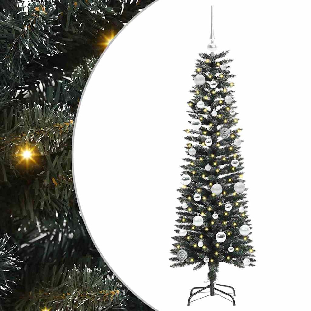 vidaXL Pre-Lit Silver Baubles Green Artificial Christmas Tree 5ft Image 2