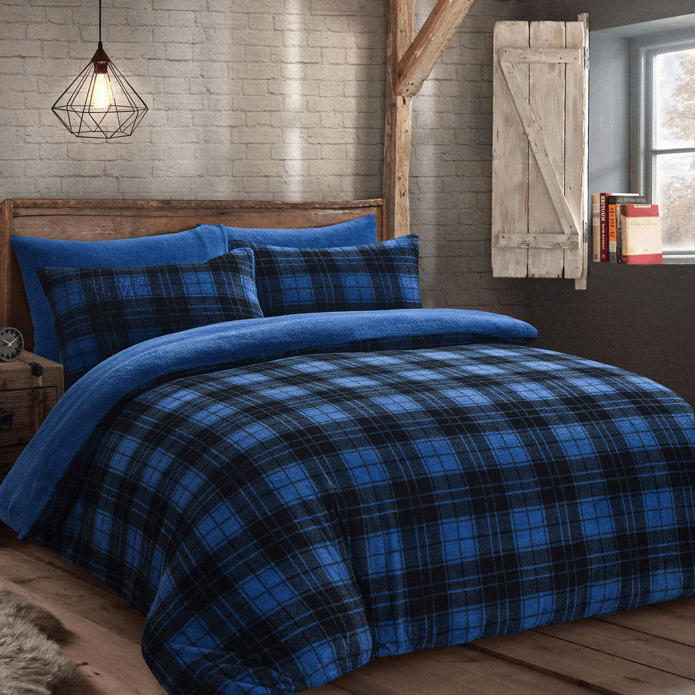 Velosso King Size Blue Check Teddy Fleece Duvet Set Image 1