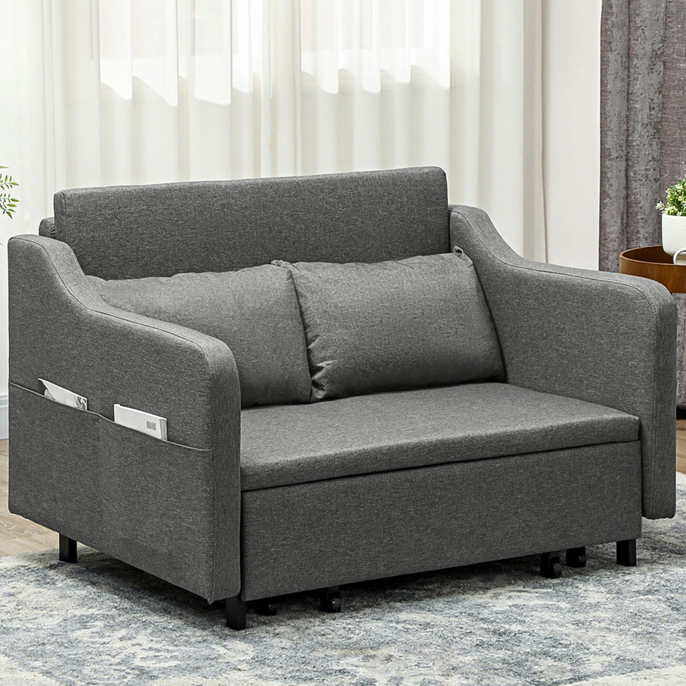 HOMCOM 2 Seater Grey Fabric Pull Out Sofa Bed with Pillows and Side Pockets Image 1