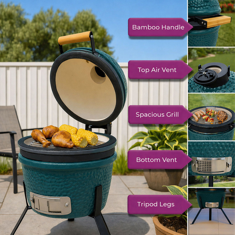 Neo Kamado Blue Portable Ceramic 13 inch Mini BBQ Grill Smoker with Stand Image 5