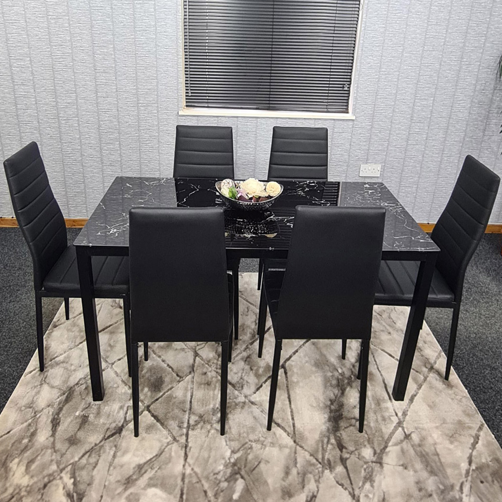 Portland Marble Effect Glass 6 Seater Leather Dining Set Black Image 1