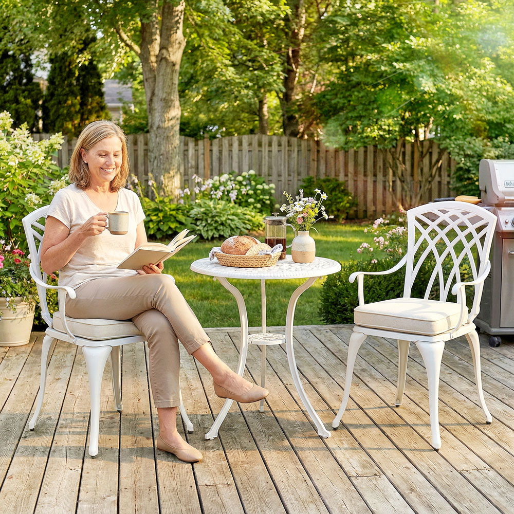Outsunny 2 Seater White Aluminium Garden Bistro Set with Parasol Hole and Cushions Image 2