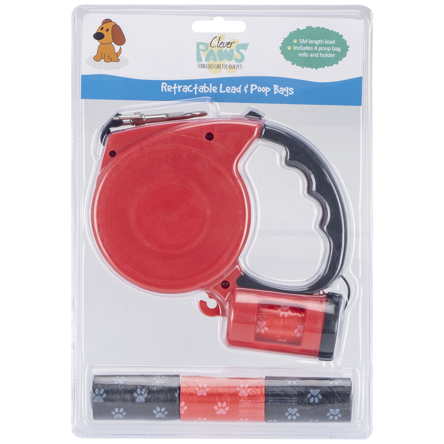 Clever Paws 5m Retractable Dog Lead and Poop Bags Image 1
