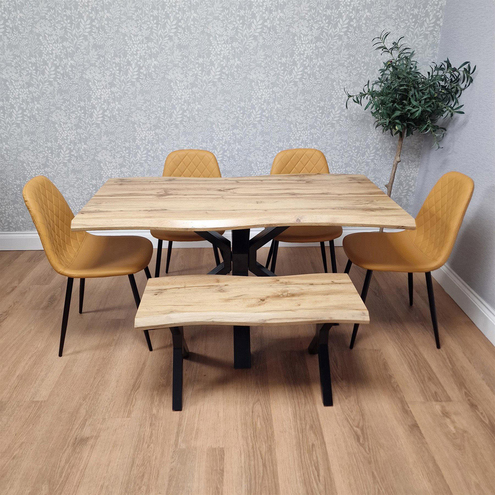 Portland 6 Seater Gem Pattern Wooden Tabletop Dining Bench Set Mustard Image 5