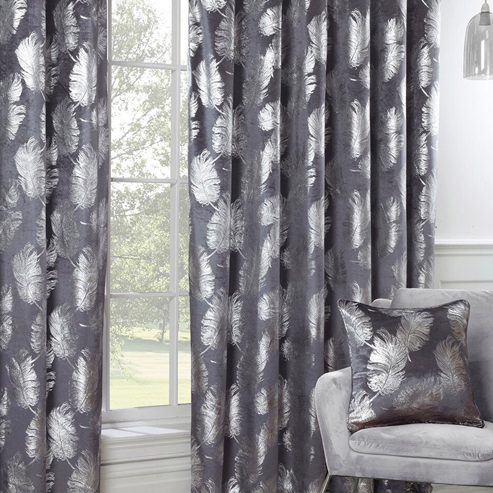 Divante Charcoal Plume Metallic Feather Curtains 229 x 168cm Image 5