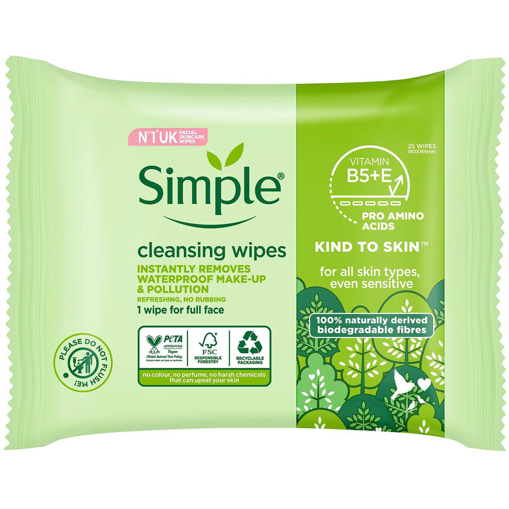 Simple Kind to Skin Double Sided Cleansing Biodegradable Facial Wipes 6 Pack Image 2