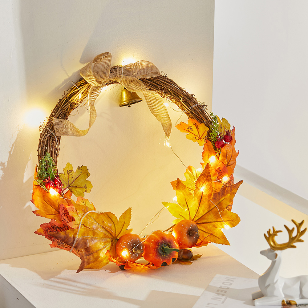 Living and Home LED Wreath with Maple Leaves Pumpkins Berries and Bell 40cm Image 2