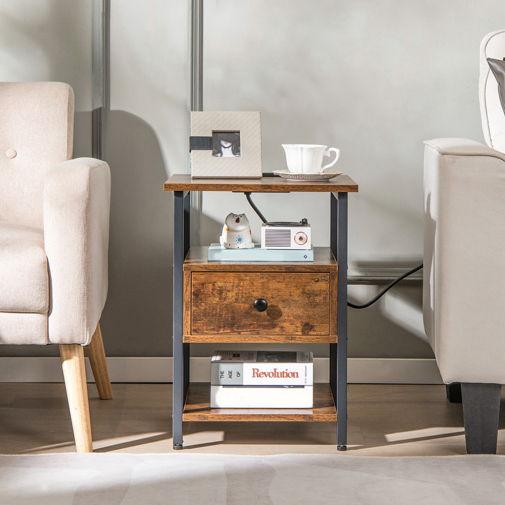 Costway Single Drawer 2 Shelf Brown Nightstand with Charging Station Image 3