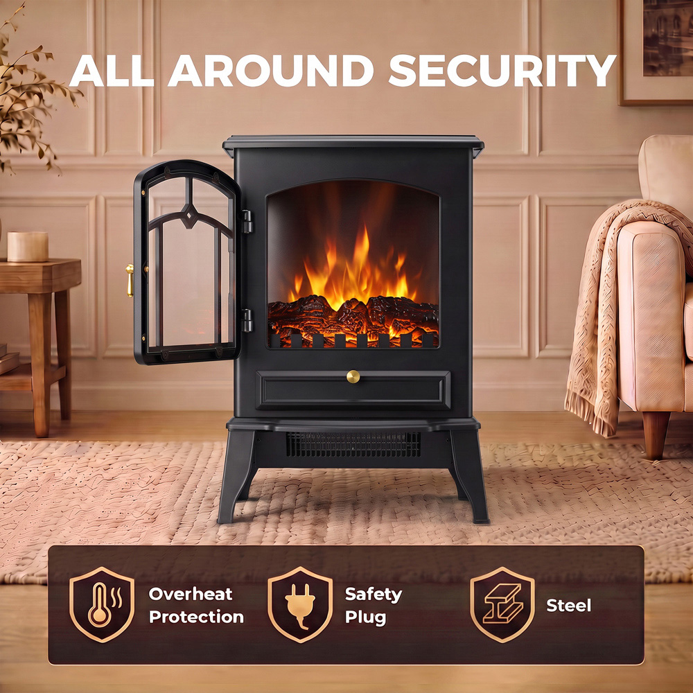 HOMCOM 3-Sided Black Electric Fireplace Stove with Realistic Log Flame Effect Image 6