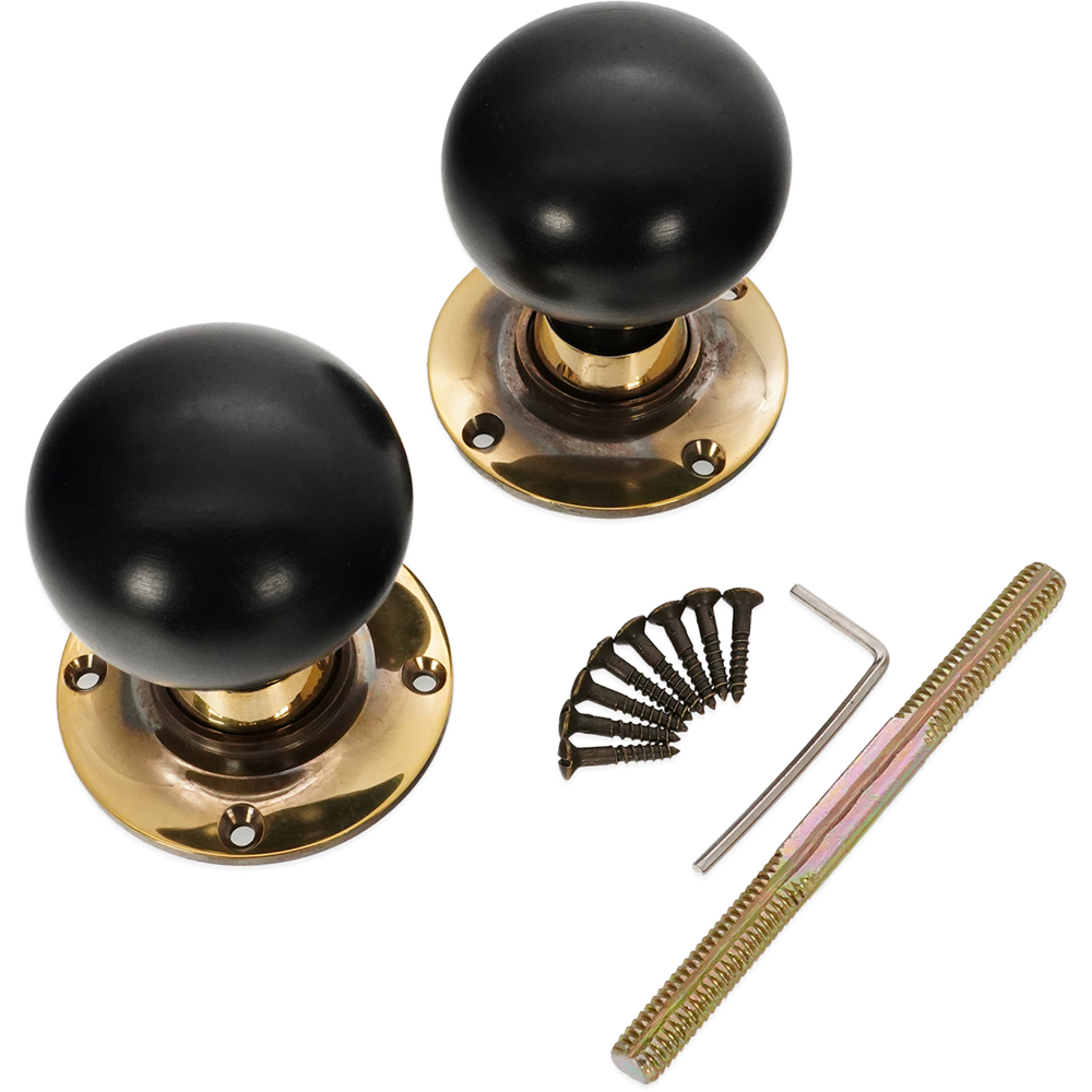 Spira Brass Aged Brass Ebony Bun Rim and Mortice Door Knob 2 Pack Image 4