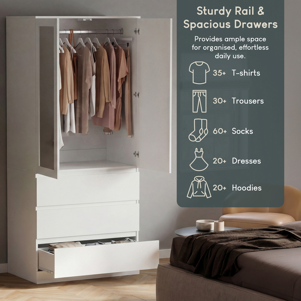 VIDA DESIGNS Denver 2 Door 3 Drawer White Mirrored Wardrobe Image 6