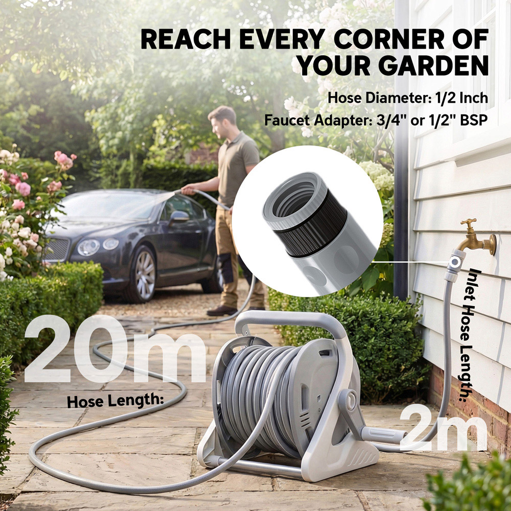 Outsunny Grey Portable Wall-Mounted Garden Hose Reel with 20m Hose and Fittings Image 5