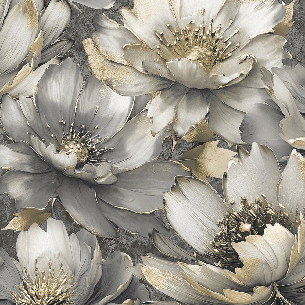 Muriva Aminah Floral Charcoal and Gold Wallpaper Image 1