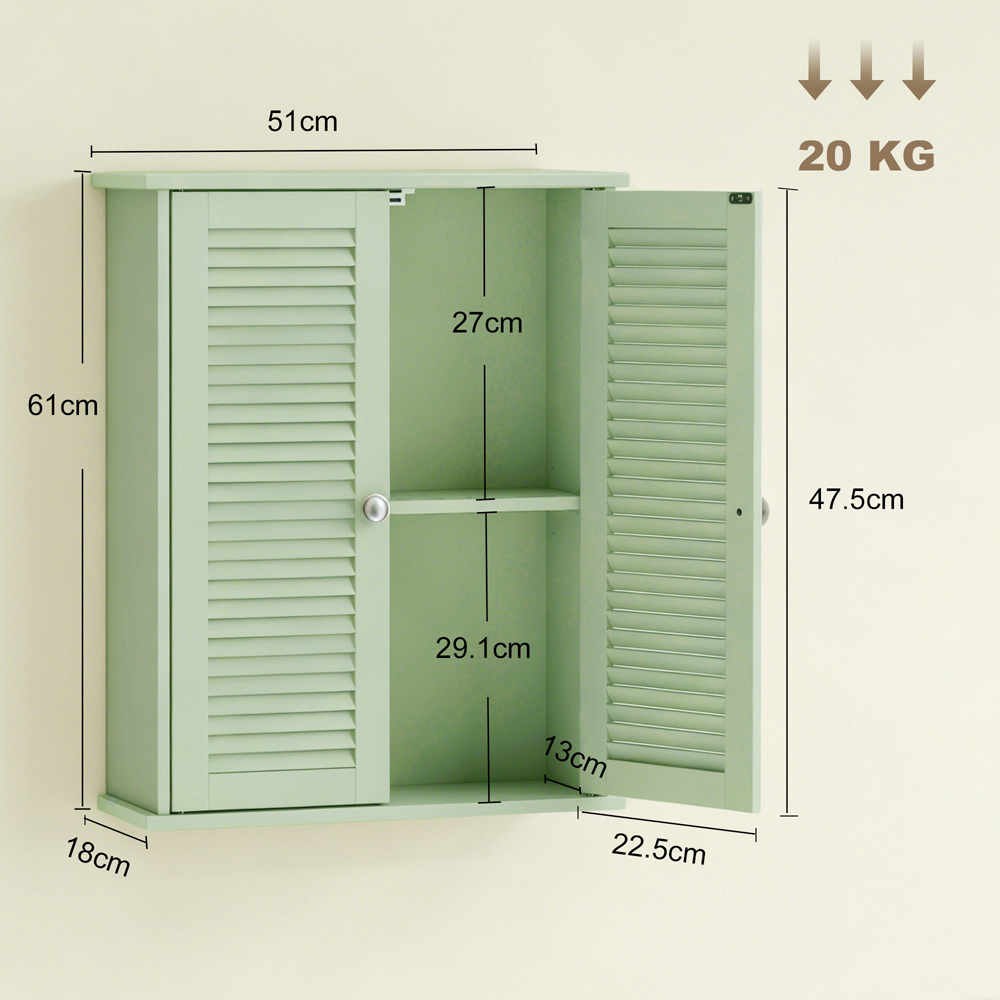 HOMCOM 2 Louvered Door Light Green Wall-Mounted Bathroom Cabinet Image 9