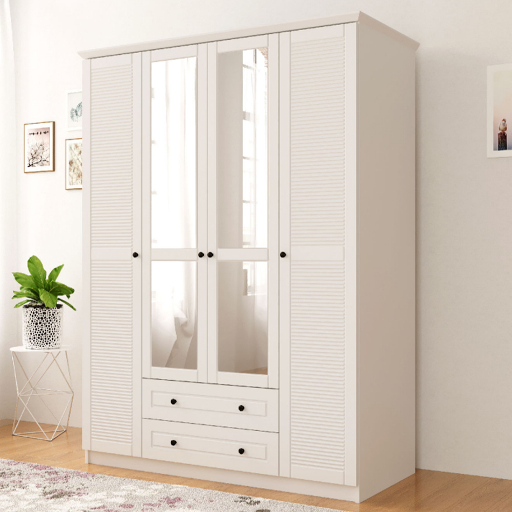 Evu VOLET 4 Door 2 Drawer White XL Mirrored Wardrobe Image 1