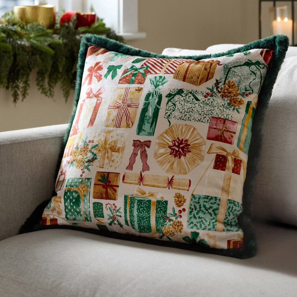Furn All Wrapped Up Emerald and Red Velvet Faux Fur Reversible Cushion 50 x 50cm Image 2