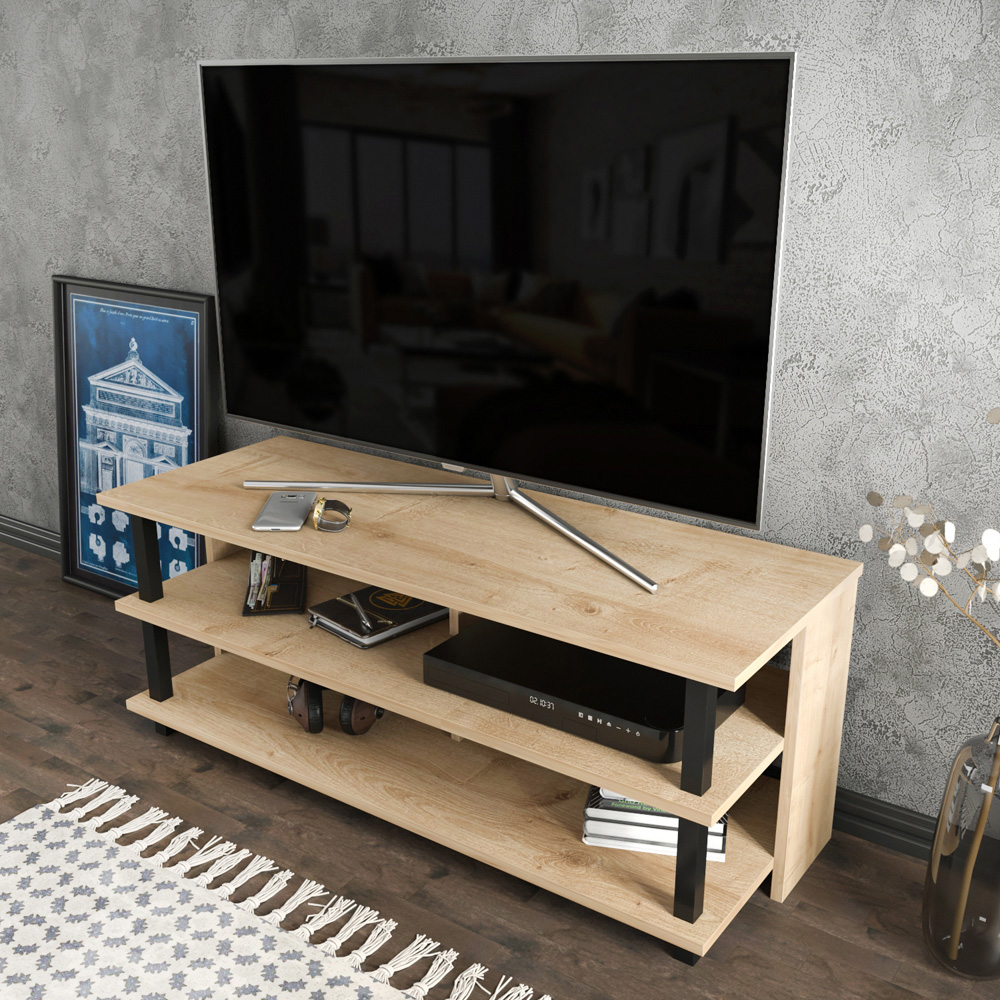 Decorotika Pueblo 4 Open Shelf Black and Oak Wide TV Unit Image 5