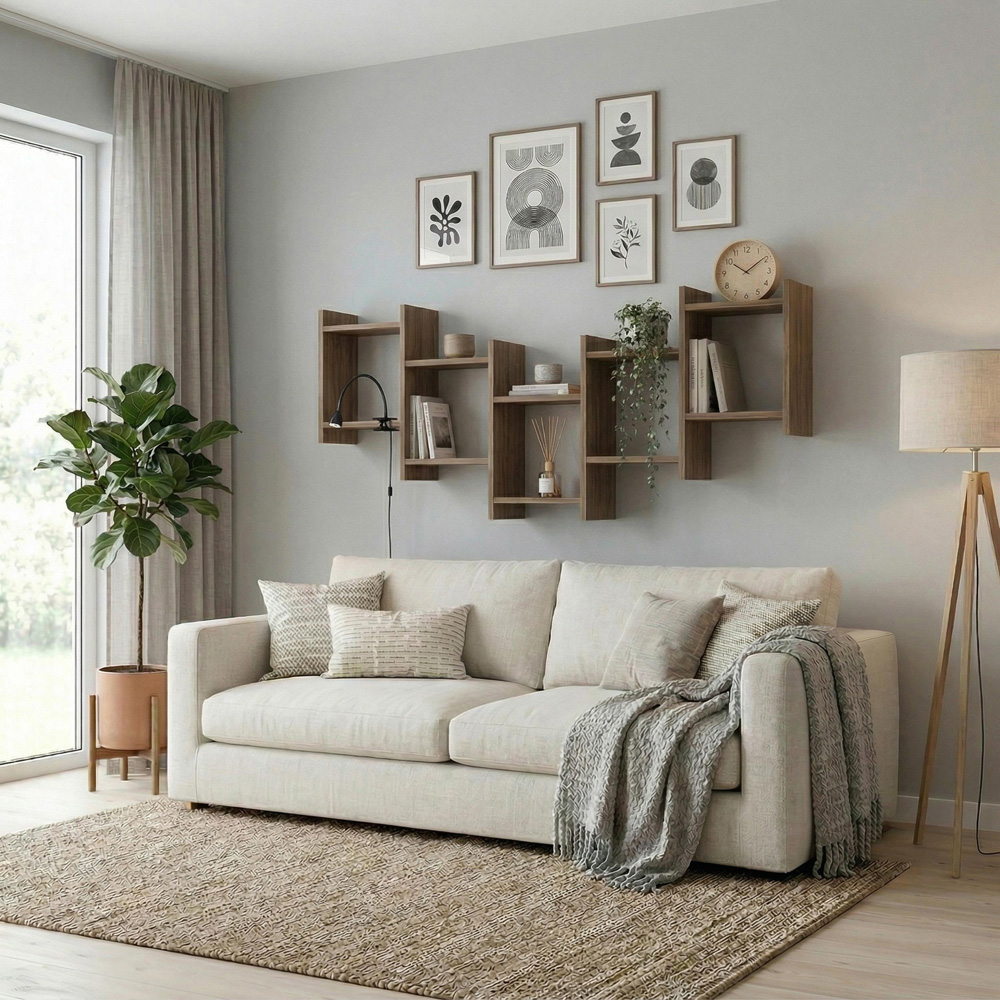 Decortie Bat Wall 5 Cube Dark Oak Effect Floating Shelf Image 3