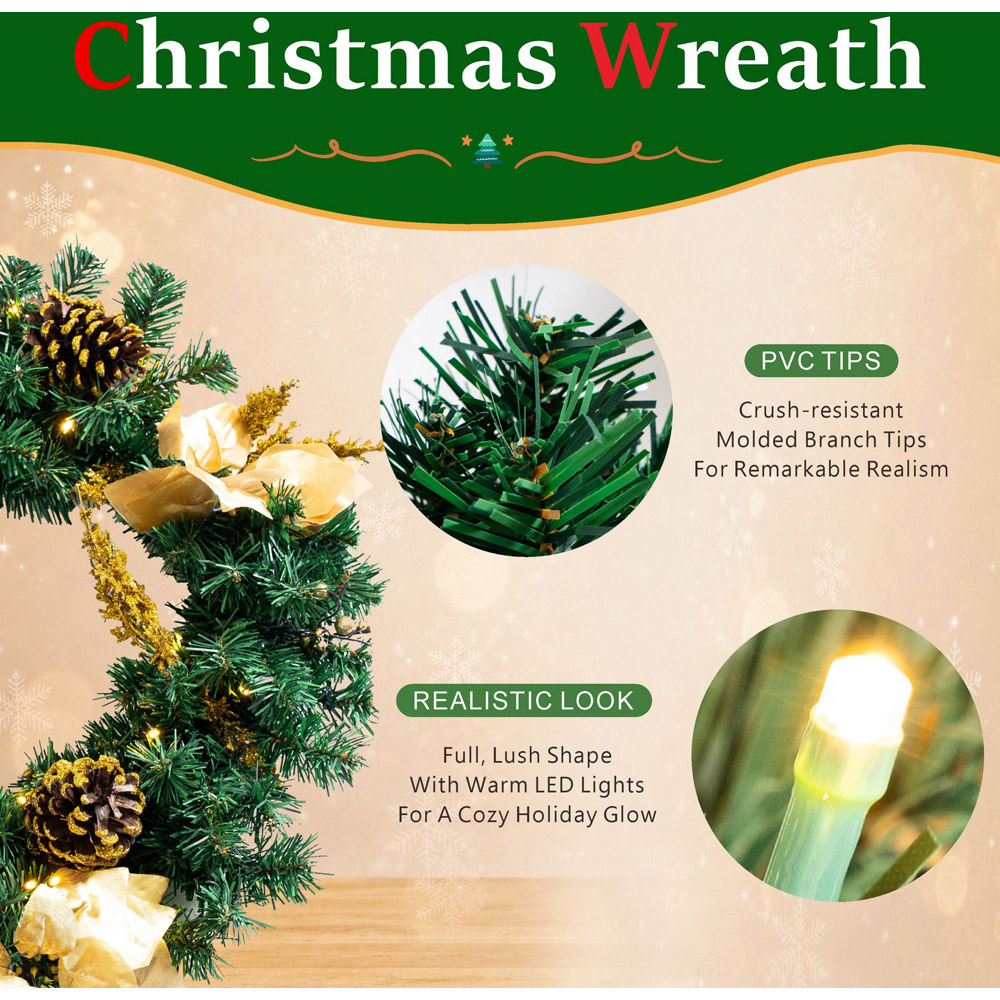 Abrihome 35 Warm White LED Artificial Christmas Wreath with Pinecones Berries and Branches 50cm Image 6