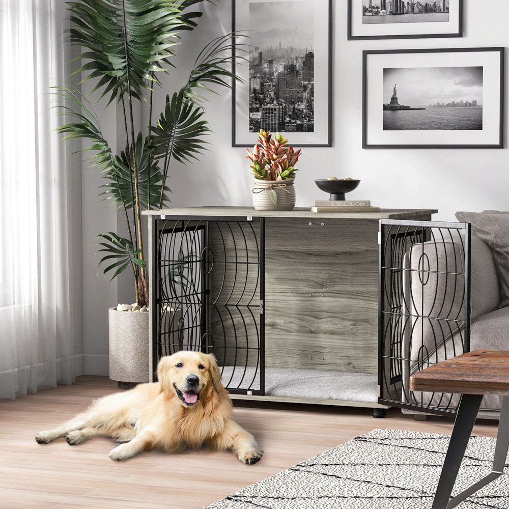 PawHut Grey Dog Crate End Table with Cushion 94cm Image 2