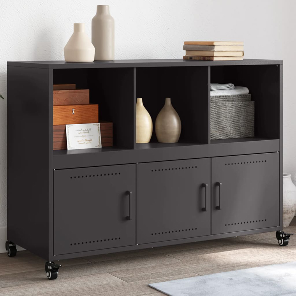 vidaXL 3 Door 3 Shelf Black Steel Sideboard Image