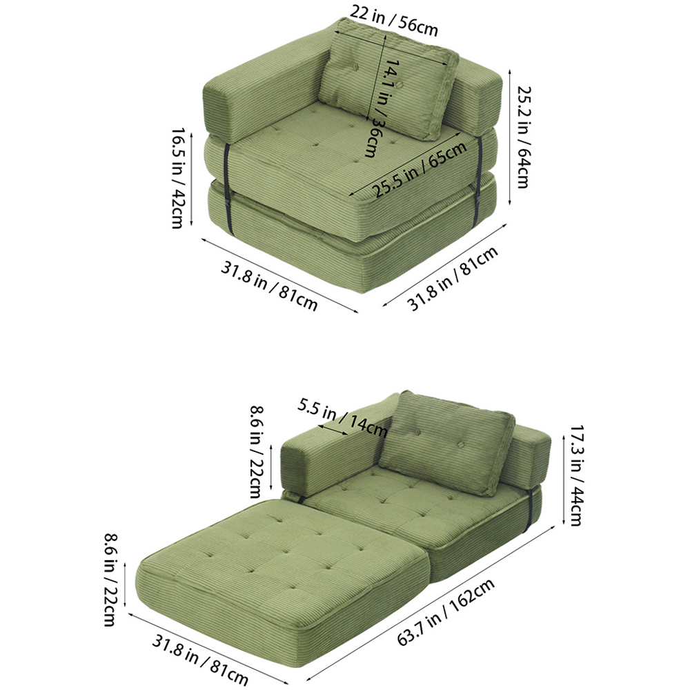 Living and Home Single Seater Green Foldable Corduroy Upholstered Sofa Bed Image 9