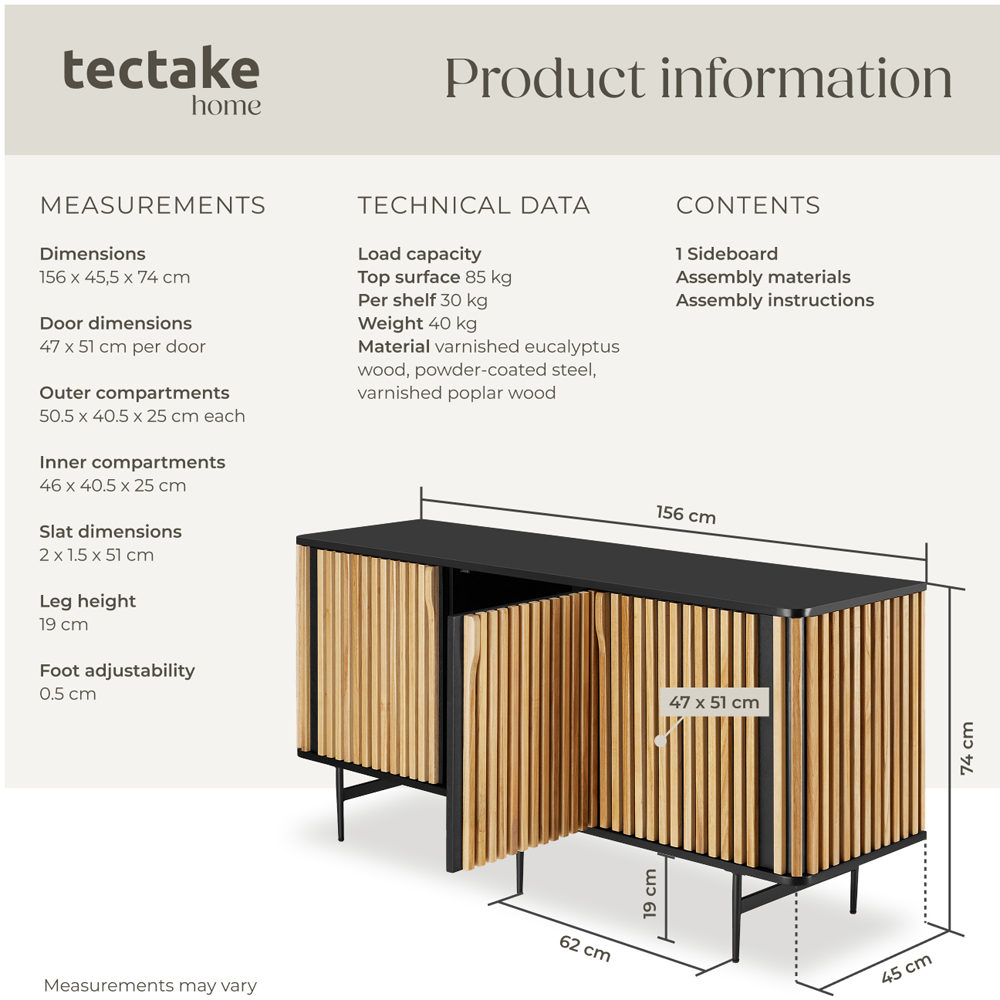 Tectake Lineo 3 Door Solid Wood Slatted Design Sideboard Image 8