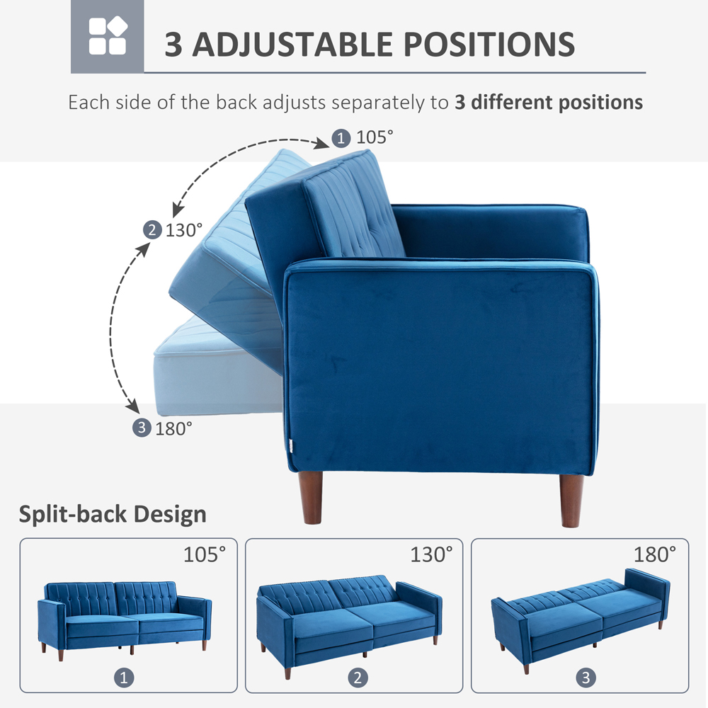 HOMCOM 3 Seater Blue Velvet Button Tufted Sofa Bed Image 6