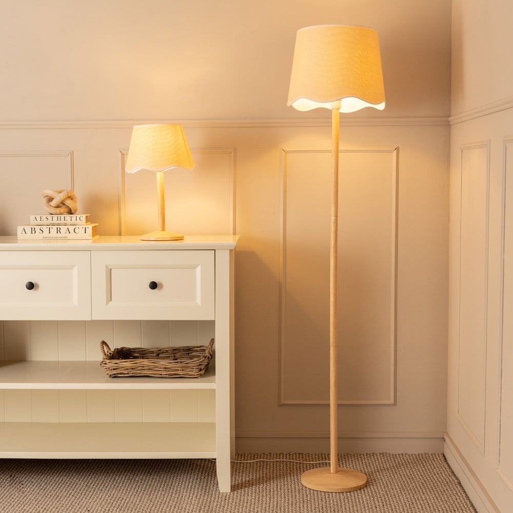 ValueLights Triston Scallop White Edge Shade Natural Light Wood Stem LED Table Lamp Image 5