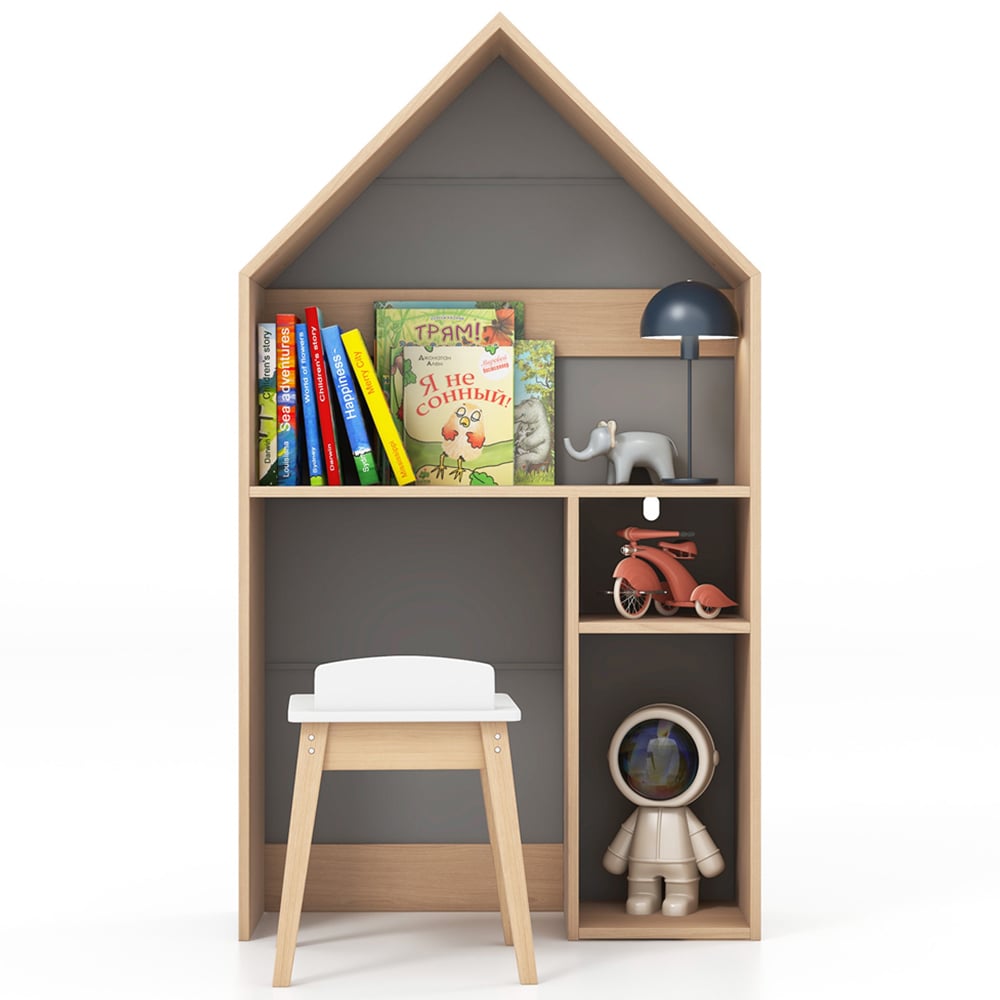 Costway Grey House Shaped Wooden Kids Table and Chair Set with Blackboard Image 3