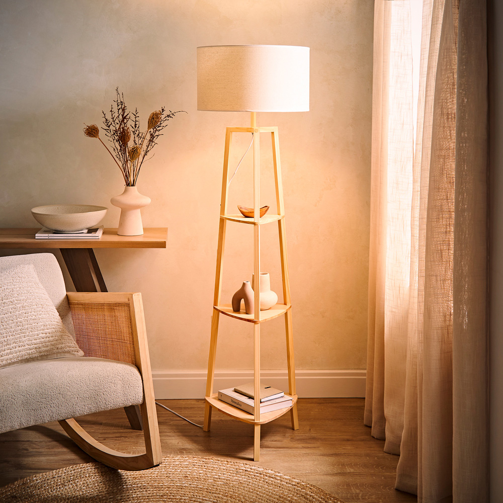 ValueLights Hiru 3 Shelf White Trim Linen Shade Floor Lamp and Bulb Image 6