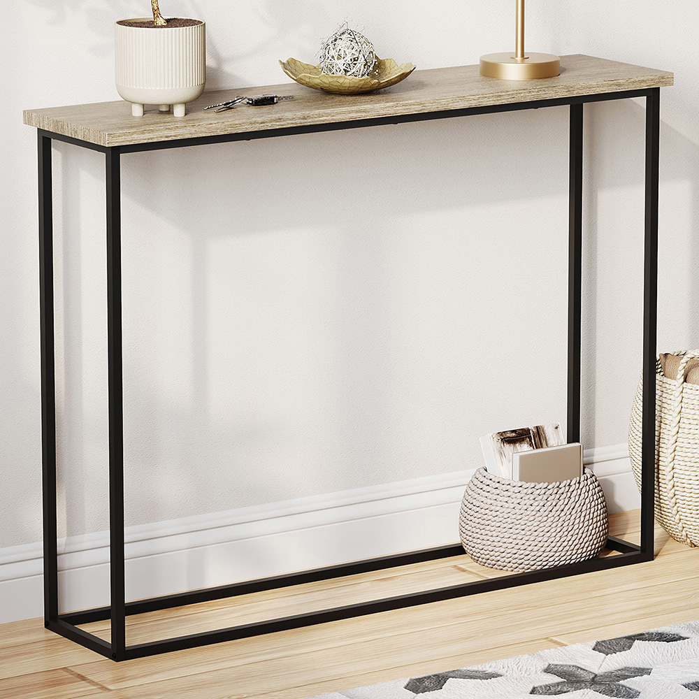 VIDA DESIGNS Oak and Black Metal Leg Console Table Image 1