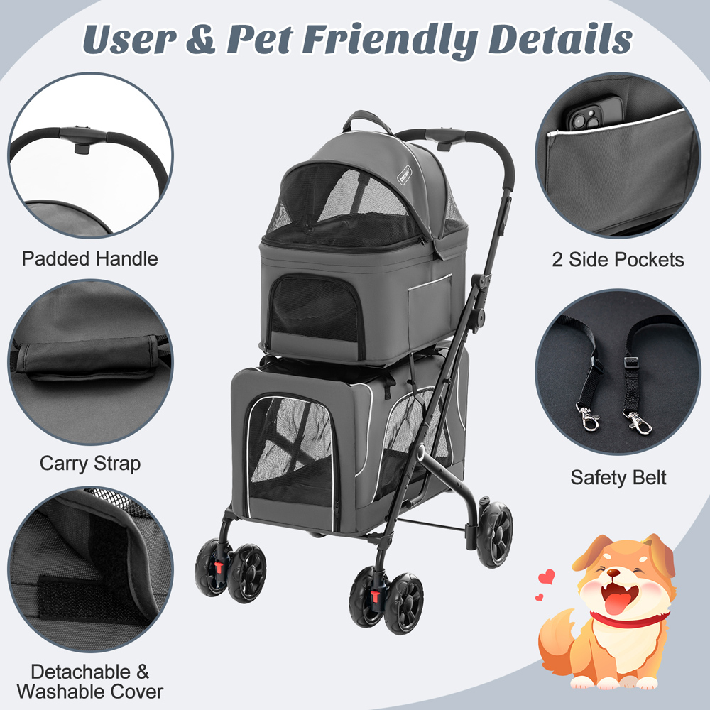 Costway Grey Foldable Double Pet Stroller Image 9