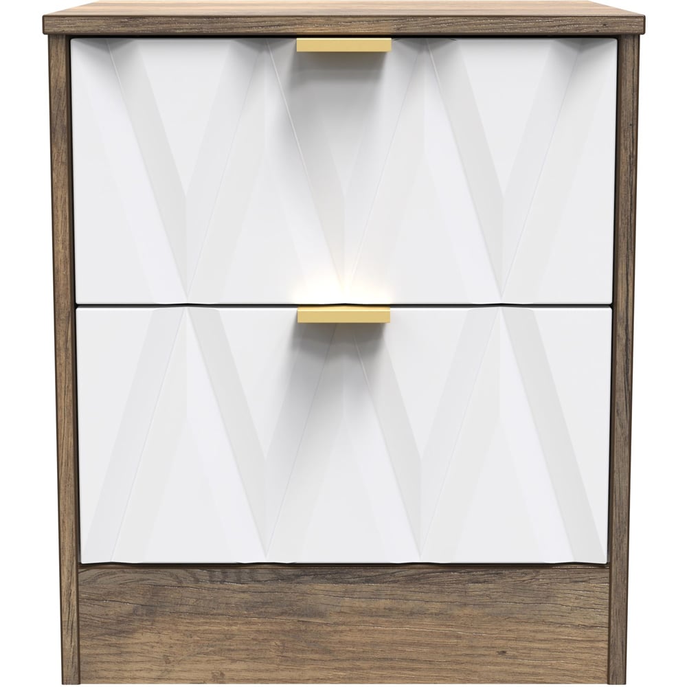 Crowndale Las Vegas 2 Drawer Matt White and Vintage Oak Bedside Table Ready Assembled Image 3