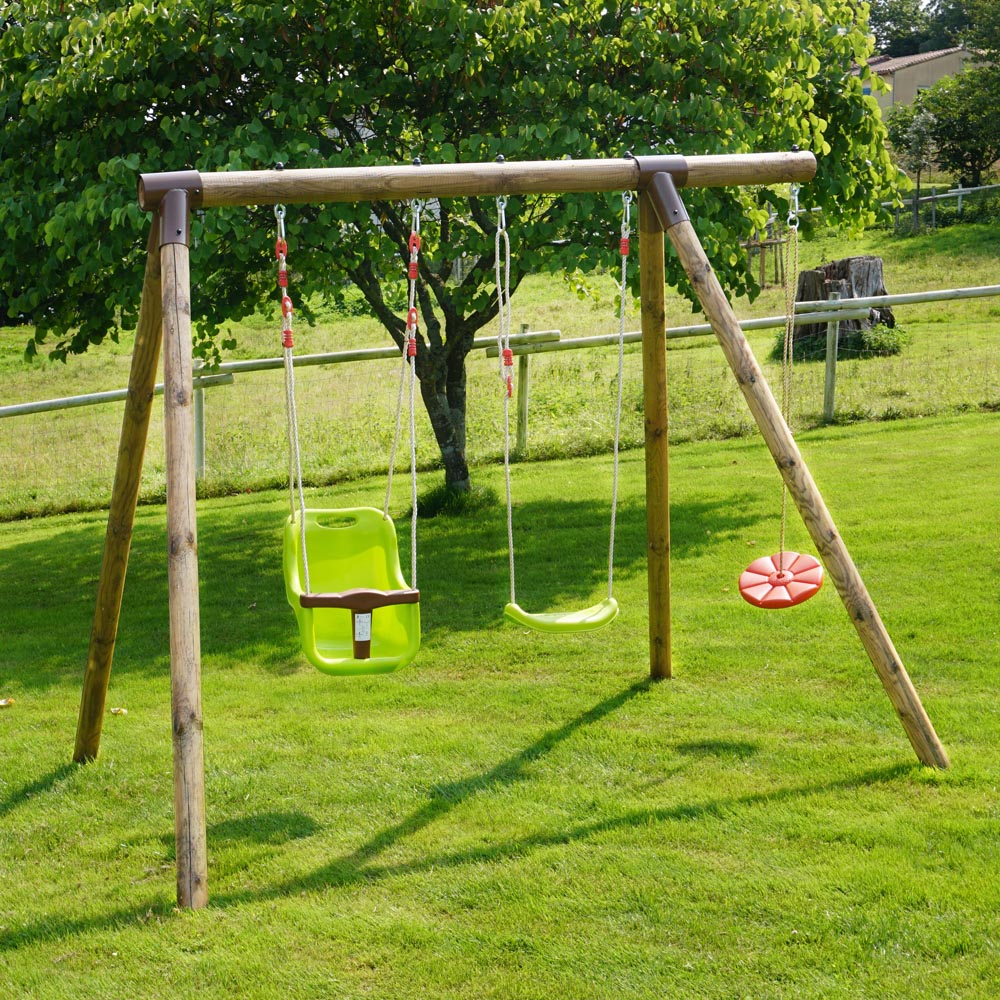 Soulet Tiago Kids Wooden Double Swing Set with Rope Disc Image 2