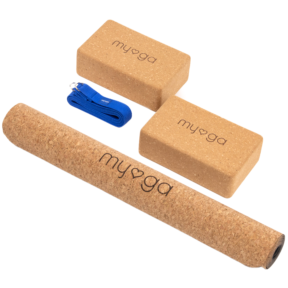 Myga Royal Blue Cork Yoga Mat with Pair of Cork Blocks and Strap Image 1