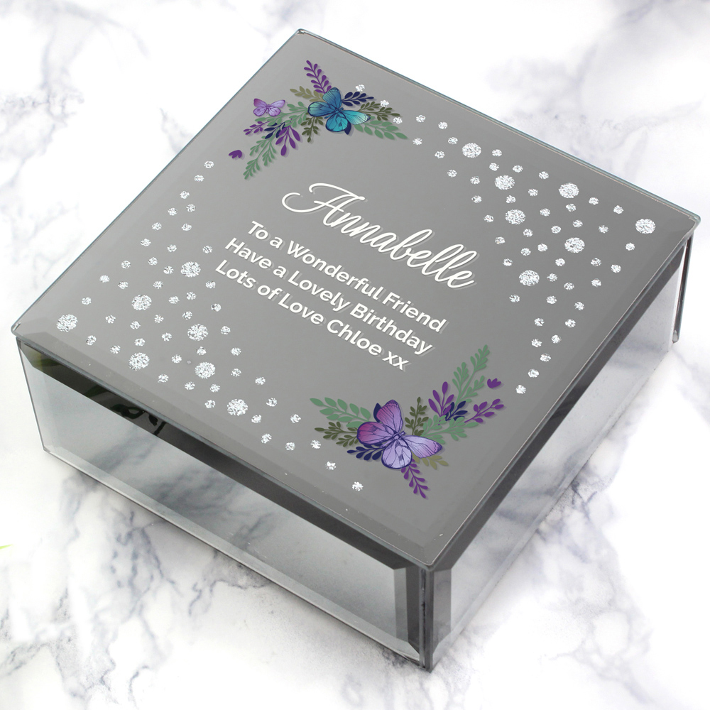 Personalised Memento Personalised Floral Butterfly Diamante Glass Trinket Box Image 3