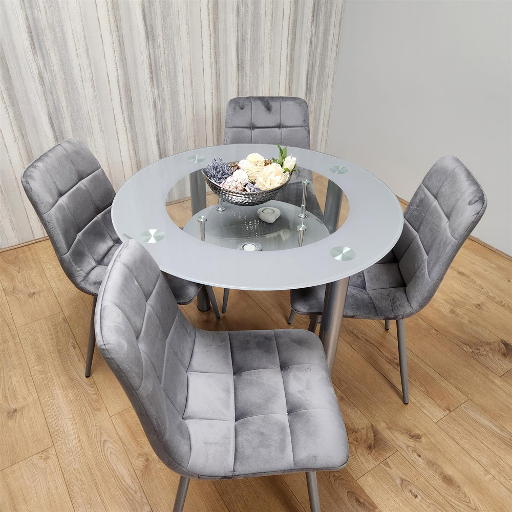 Portland Rocco 4 Seater Round Glass Velvet Dining Set Grey Image 4