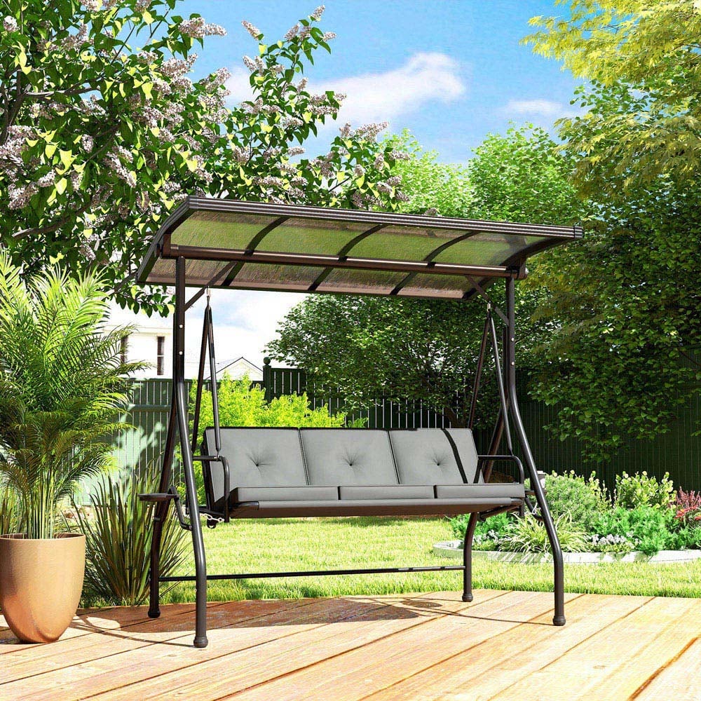 Outsunny 3 Seater Dark Grey Adjustable Canopy Convertible Garden Swing Bed Image 8