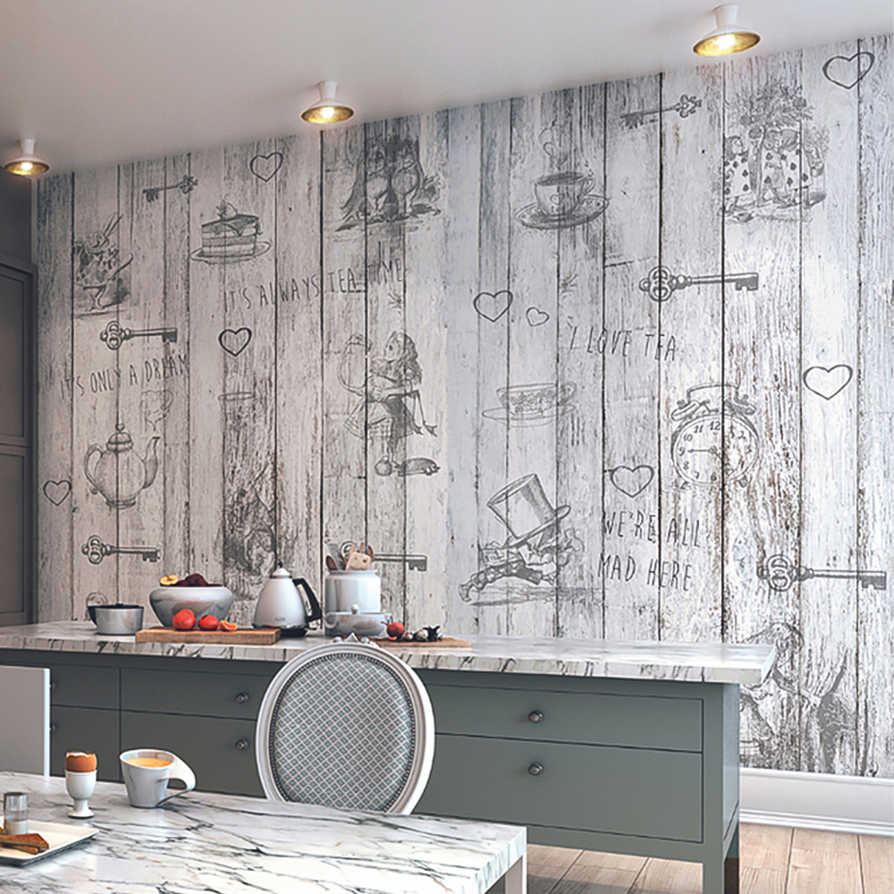 Origin Murals Alice in Wonderland Vintage Wood White Wall Mural Image 1
