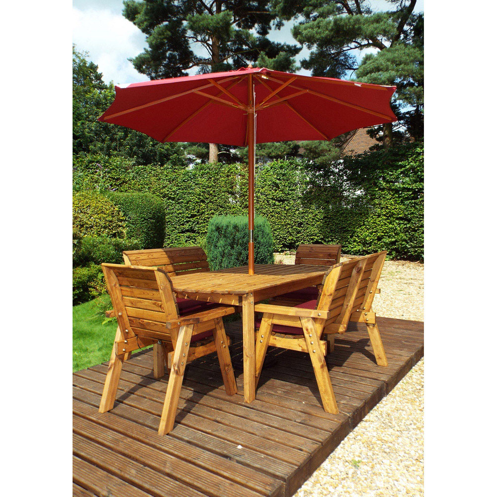 Charles Taylor Solid Wood 6 Seater Rectangular Outdoor Dining Bench Set with Red Cushions Image 9
