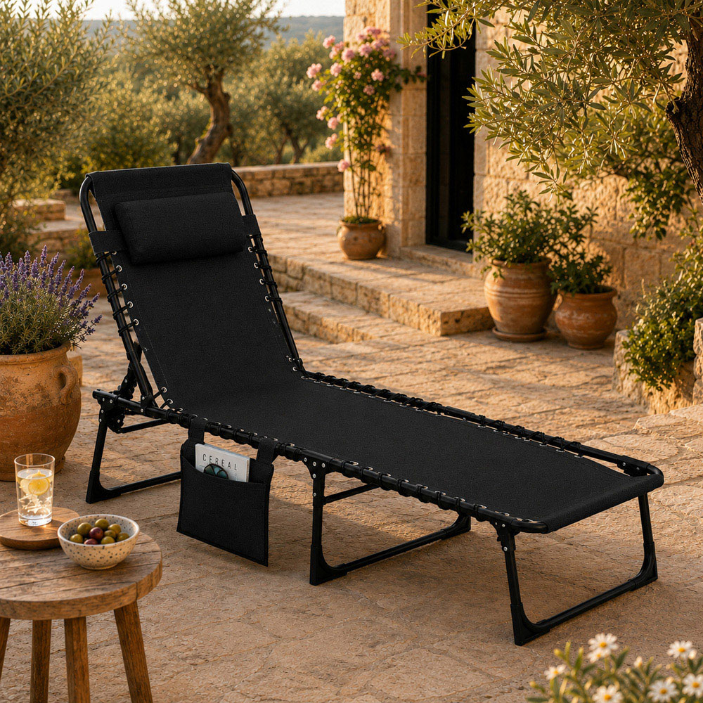 Shatchi Black Foldable Sun Lounger with Adjustable Backrest Image 6